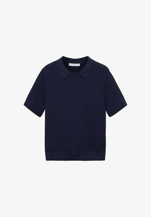 Top de punto de color azul marino, de mangas cortas y con cuello redondo, con un dobladillo acanalado. Presenta una tela texturizada con un patrón sutil.