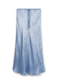 Jupe en satin bleu clair avec une texture lisse, dotée d'une taille à cordon de serrage et d'un ourlet évasé. Surface brillante et réfléchissante.