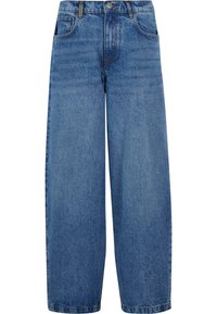 Wide-leg jeans in medium blue denim. Features a high waist, five pockets, and a zip fly with button closure. Slightly faded texture.
