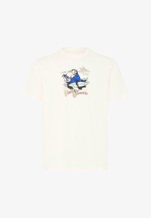White t-shirt with a cartoon puffin in a blue shirt holding a surfboard, palm trees, waves, sun, and "Hello Summer" text.