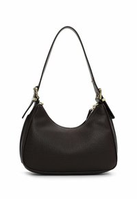 Borsa a mano in pelle marrone con forma curvilinea, tracolla singola, finitura strutturata e dettagli in metallo dorato.