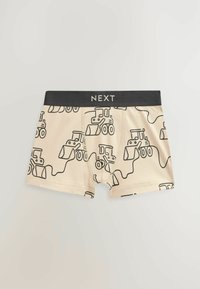 Beige bomuldsboxershorts med et mønster af sort linjete bulldozer. Elastisk talje med "NEXT" branding.