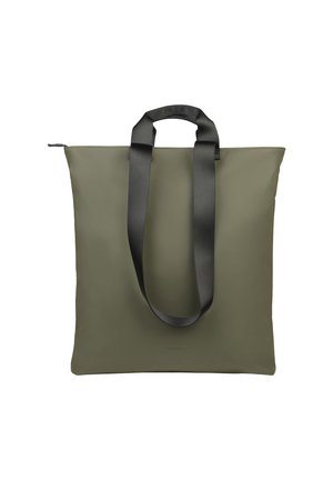 Borsa a tracolla verde olivo con texture liscia, zip superiore e due manici in raso neri. Presenta un design minimalista senza loghi o pattern visibili.