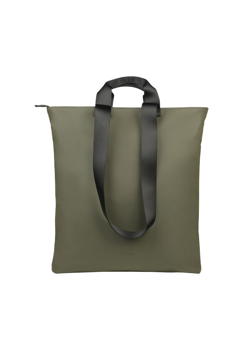 Olijfgroene totebag met een gladde textuur, bovenrits en twee zwarte linthandvatten. Beschikt over een minimalistisch ontwerp zonder zichtbare logo's of patronen.