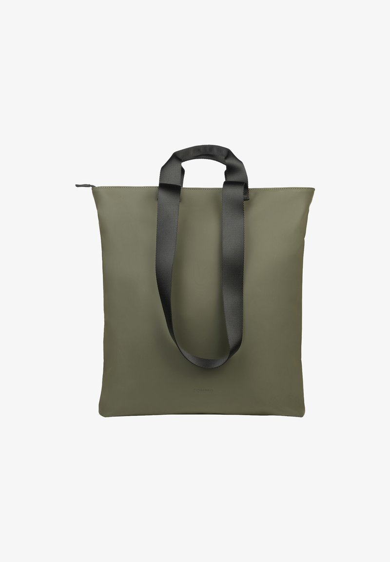 Olijfgroene totebag met een gladde textuur, bovenrits en twee zwarte linthandvatten. Beschikt over een minimalistisch ontwerp zonder zichtbare logo's of patronen.