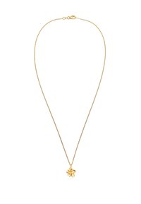 Gul kæd necklace med en tekstureret blomstervedhæng. Kæden er fin og fleksibel, hvilket komplementerer det blomsterdesign.