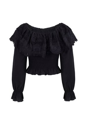 Musta pitkähihaisen off-shoulder-pusero pitsireunuksella, smokattu istuva vyötärö ja kerätyt hihansuut.