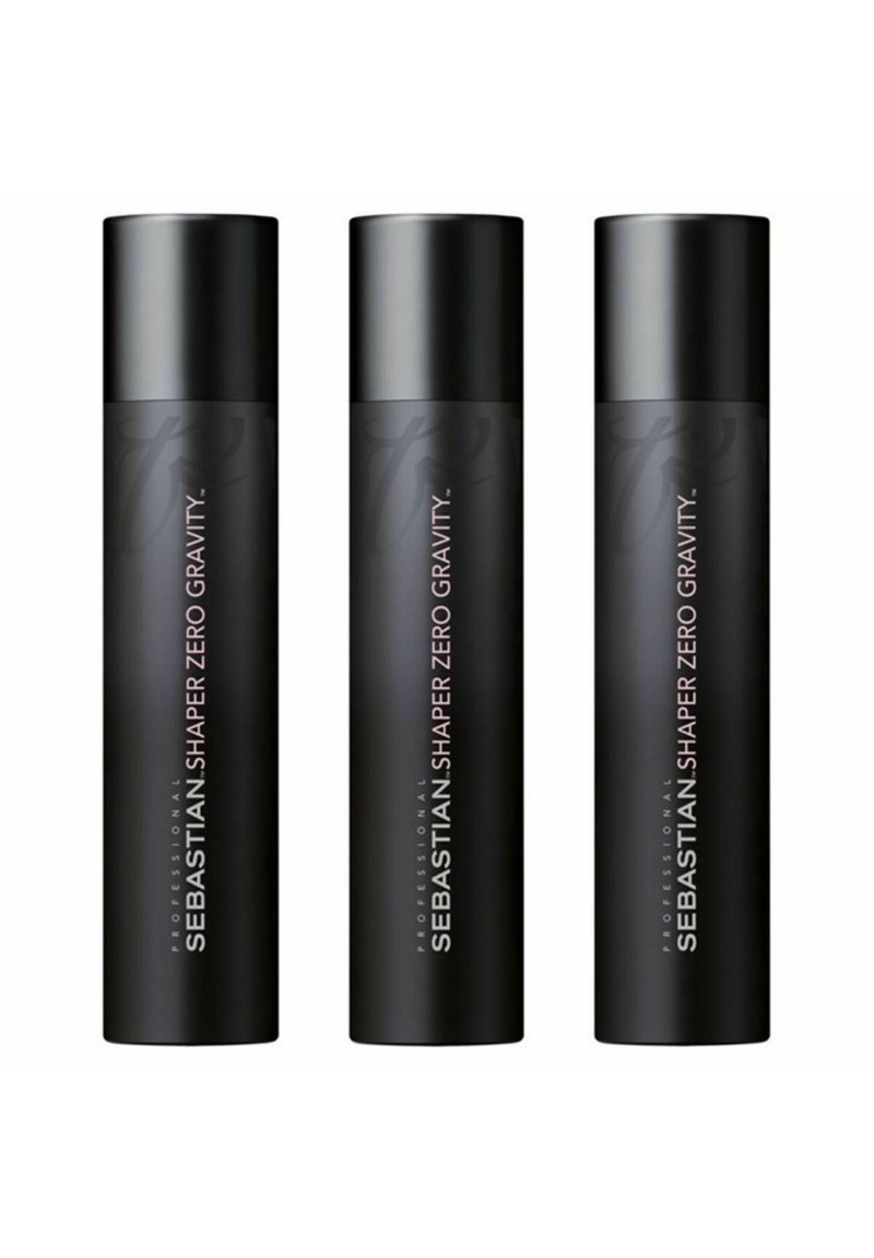 Three black spray cans with matte finish. Each labeled "Sebastian Shaper Zero Gravity," featuring white text and cylindrical shape.