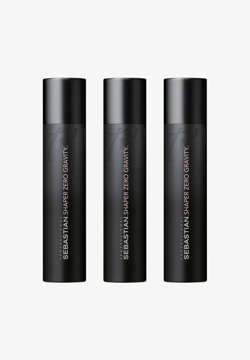 Three black spray cans with matte finish. Each labeled "Sebastian Shaper Zero Gravity," featuring white text and cylindrical shape.