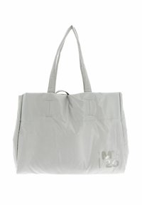 Sac fourre-tout en nylon gris clair avec deux poignées cousues, de forme rectangulaire, et détail en relief "MD 20" à l'avant. Texture douce et rembourrée.