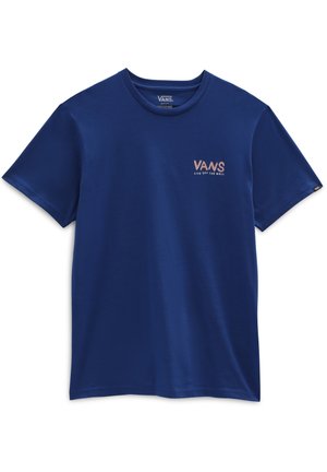 Camiseta de manga corta Vans azul marino con pequeño logo Vans rosa y texto "Live Off The Wall" en el pecho izquierdo.