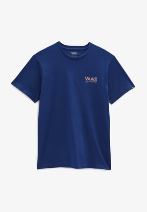 T-shirt à manches courtes Vans bleu marine avec petit logo Vans rose et texte "Live Off The Wall" sur la poitrine gauche.