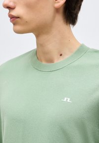 Ung person iført en lysegrønn genser med rund hals og en liten hvit logo på brystet, vendt mot venstre mot en ensfarget bakgrunn.