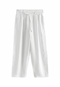 Pantaloni cropped in lino bianco, larghi e comodi, con vita elastica e cordino. Inclusi tasche laterali e una texture liscia.