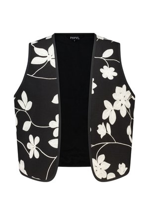 Zwarte mouwloze vest met witte bloemenborduursels en zwarte bies, open voorkant, maat medium.