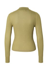 Pull côtelé vert olive à manches longues avec une silhouette ajustée et un petit col, vu de dos.