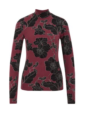 Langarm fitted top in bordeaux stof met zwarte bloemen- en bladerenpatronen, met een hoge hals en een zachte textuur.