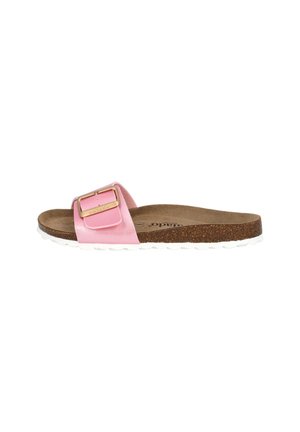 Pink slide sandal with a glossy strap featuring a rectangular gold buckle. Cork footbed and textured white outsole for grip and comfort.