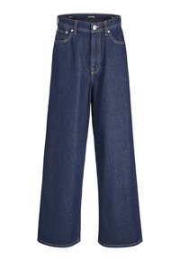 Jean en denim foncé à jambe large, taille haute, avec une fermeture à bouton et à zip, et un design traditionnel à cinq poches.