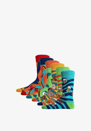 Ensemble de six paires de chaussettes présentant des couleurs éclatantes, des motifs ludiques de nourriture et de boissons, des bords côtelés, et divers designs, y compris des rayures et des icônes.