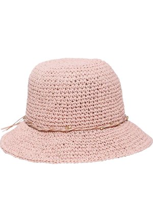 Light pink woven sun hat with wide brim and thin twisted band with small gold beads around the base of the crown.