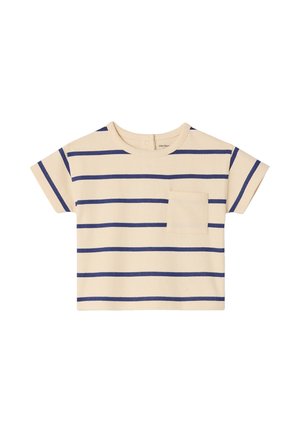 Beige short-sleeve shirt with horizontal navy blue stripes and a small pocket on the left chest.