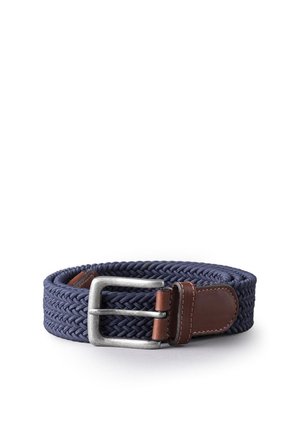 Navy braided belt with a silver metal buckle, featuring brown leather accents and a woven texture for flexibility and comfort.