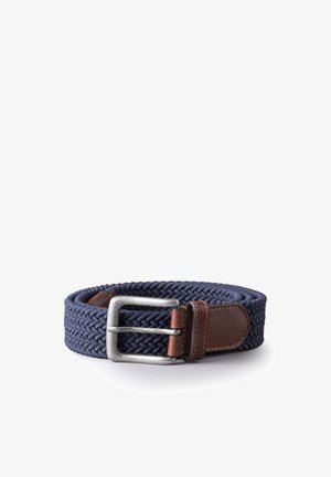 Navy braided belt with a silver metal buckle, featuring brown leather accents and a woven texture for flexibility and comfort.