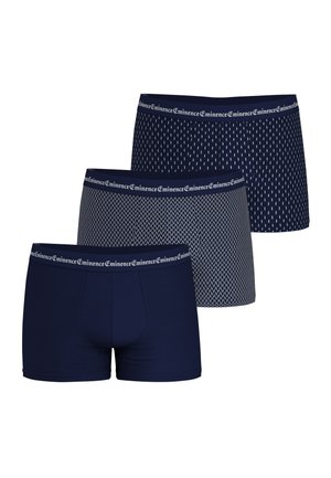 Trois paires de boxers pour hommes bleu marine avec des ceintures à motifs portant l'inscription « Eminence », chaque paire présentant un motif géométrique subtil différent.