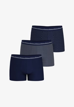 Trois paires de boxers pour hommes bleu marine avec des ceintures à motifs portant l'inscription « Eminence », chaque paire présentant un motif géométrique subtil différent.