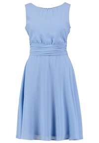 Robe bleu clair sans manches avec une taille plissée ajustée et une jupe évasée arrivant au genou.