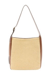 Beżowa pleciona torba ze słomy z gładką brązową skórzaną podstawą i paskiem na ramię. Posiada kwadratowy kształt i kontrastowe szwy.