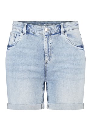 Shorts en denim bleu clair avec ourlets retroussés, bouton à l'avant, fermeture éclair, passants pour ceinture, poches latérales et poche billet.