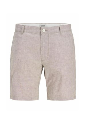 Ljust grå linnebyxor med rak framdel, knappstängning och sidofickor. Tyget har en subtil textur och en avslappnad passform.