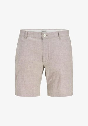Lichtgrijze linnen shorts met een platte voorkant, een knoopsluiting en zijklepzakken. De stof heeft een subtiele textuur en een relaxte pasvorm.