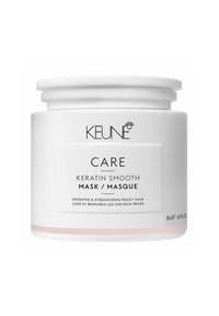 Maschera Keratin Smooth di Keune Care in un contenitore bianco con accenti rosa. Il barattolo contiene 500 ml e presenta un'etichetta con testo chiaro che indica il prodotto.