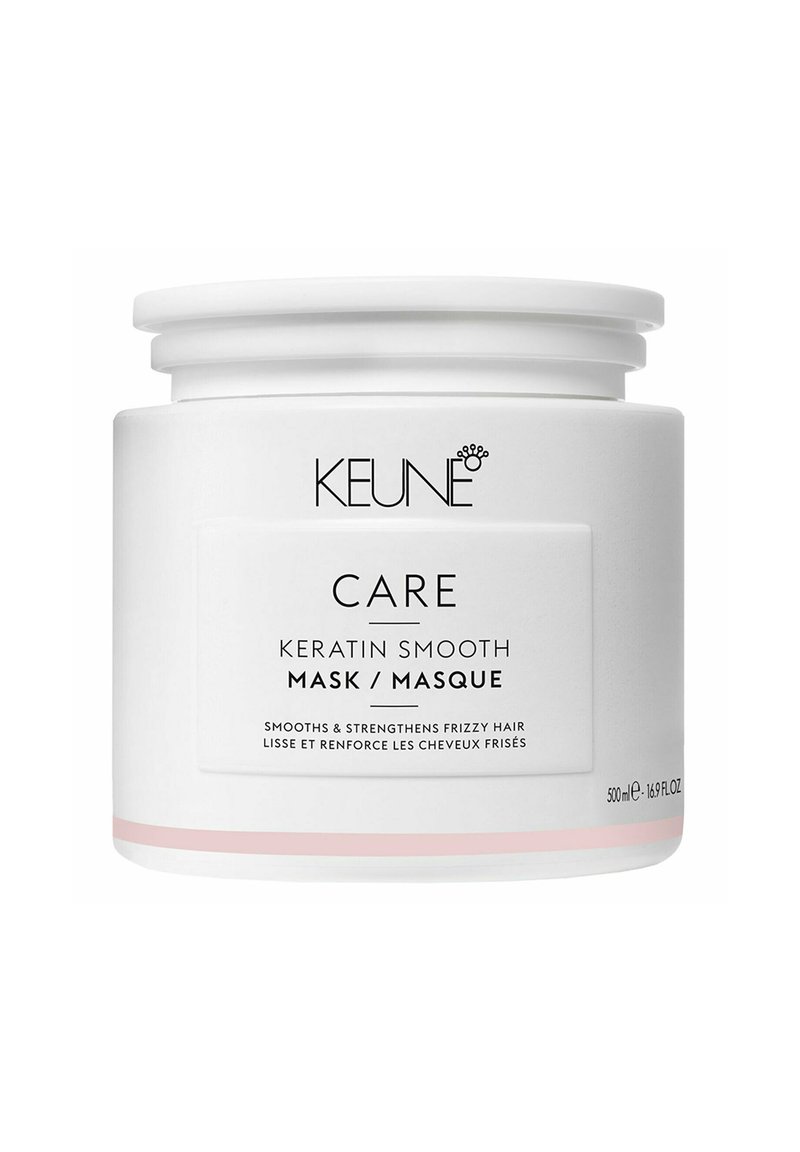 Maschera Keratin Smooth di Keune Care in un contenitore bianco con accenti rosa. Il barattolo contiene 500 ml e presenta un'etichetta con testo chiaro che indica il prodotto.