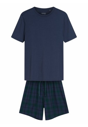 Granatowa bawełniana koszulka z krótkimi rękawami oraz szorty w kratę w ciemnozielonym i granatowym kolorze, z elastycznym pasem i sznurkiem.