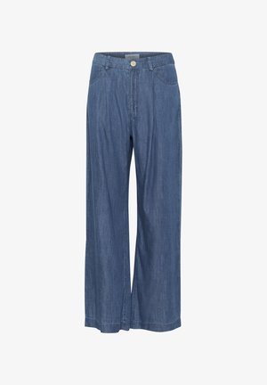 Wide-leg denim trousers in medium blue, featuring a button closure, two side pockets, and visible stitching along the hem and seams.