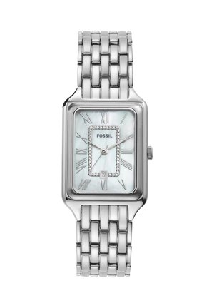 Montre-bracelet rectangulaire argentée Fossil avec cadran en nacre, chiffres romains, accents en cristal, bracelet en métal et affichage de la date à 6 heures.