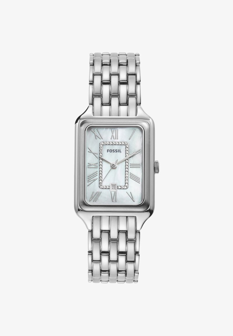 Montre-bracelet rectangulaire argentée Fossil avec cadran en nacre, chiffres romains, accents en cristal, bracelet en métal et affichage de la date à 6 heures.