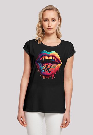 Black short-sleeve t-shirt featuring a colorful, graphic design of open lips with a dripping pattern. The fabric appears soft and lightweight.