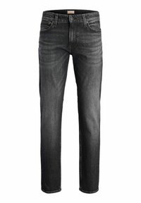 Tamnosive traperice ravnog kroja s diskretnim izblijedjelostima, dizajnom s pet džepova i metalnim detaljima na gumbu i zakovicama.