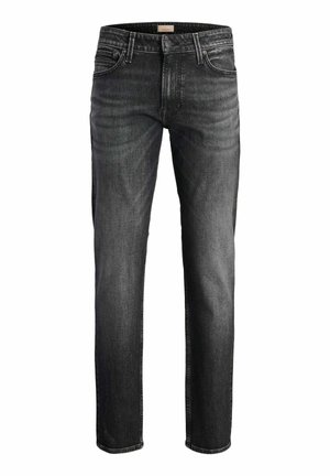 Dunkelgraue Jeans aus Denim mit geradem Schnitt, dezentem Ausbleichen, Fünf-Taschen-Design und Metallakzenten an Knopf und Nieten.