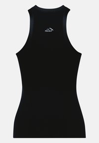 Schwarzes ärmelloses Sporttanktop mit Rundhalsausschnitt und taillierter Passform. Mit kleinem weißen Logo auf der mittleren Rückseite.