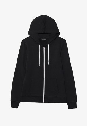 Svart zip-up hoodie med dragsko i huva, framfickor och ribbade muddkanter. Tillverkad av mjukt tyg med en slät yta.