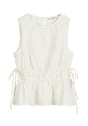 Ärmellose weiße Bluse mit rundem Ausschnitt, geraffter elastischer Taille und Seitenbändern von Marc O'Polo Denim.
