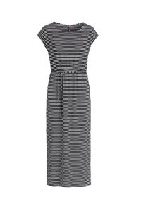 Svart och vit horisontellt randig kortärmad klänning med rund halsringning och knytbart midjebälte, midi längd.