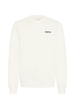 Witte sweatshirt met lange mouwen, ronde hals en geribbelde manchetten. Heeft een klein blauw "blend" logo op de linkerborst. Zachte textuur.