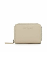 Portafoglio in pelle beige con chiusura a zip e accessori in metallo. Presenta il nome del marchio "MIRIADA" impresso sul davanti. Forma rettangolare compatta.